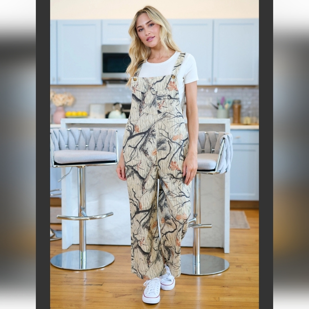 Sm Wardrobe In the Trees Rustic Woods Print Overalls Jumpsuit - NWT